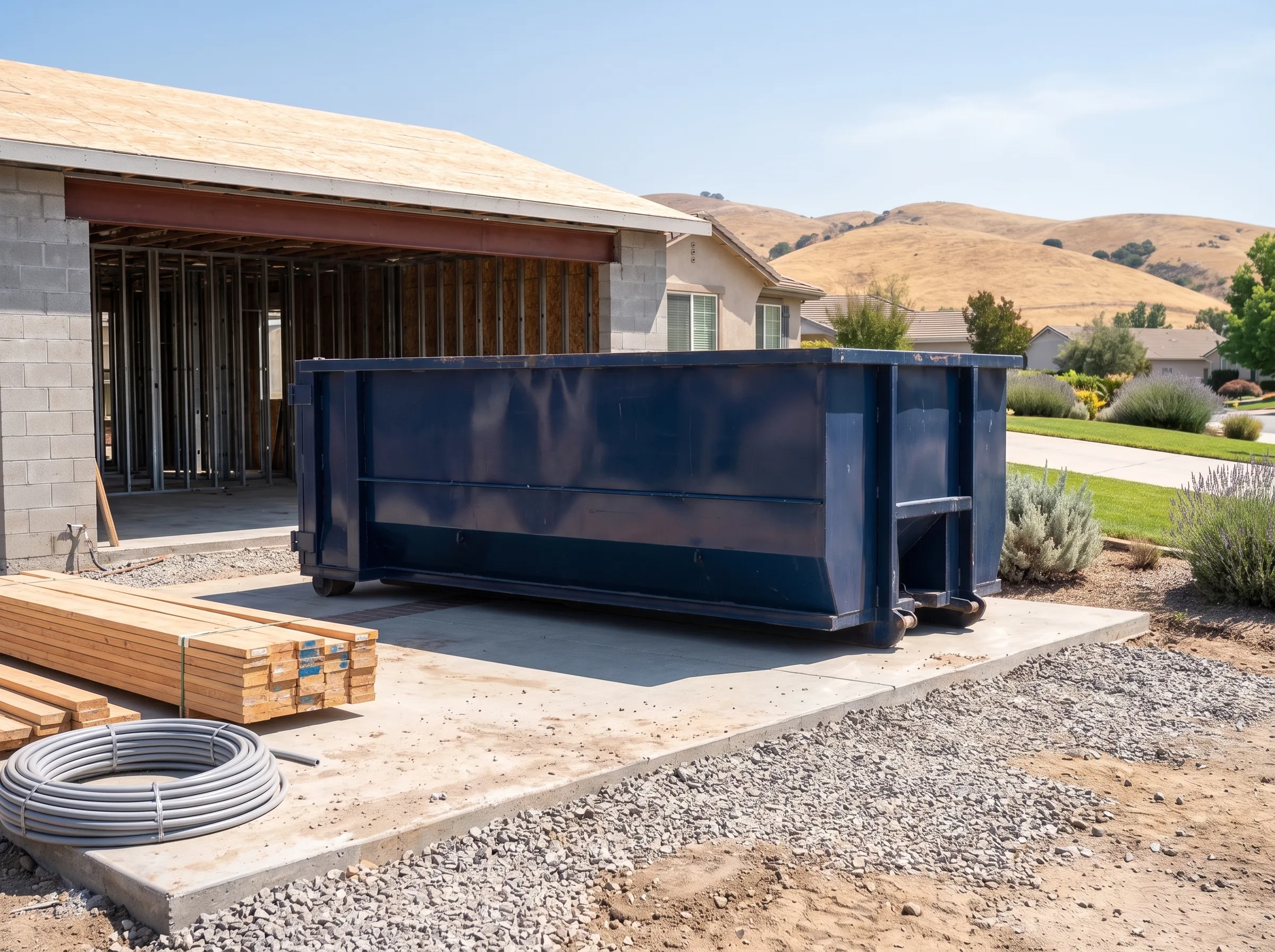 Roll-off dumpster being loaded in Riverside, CA